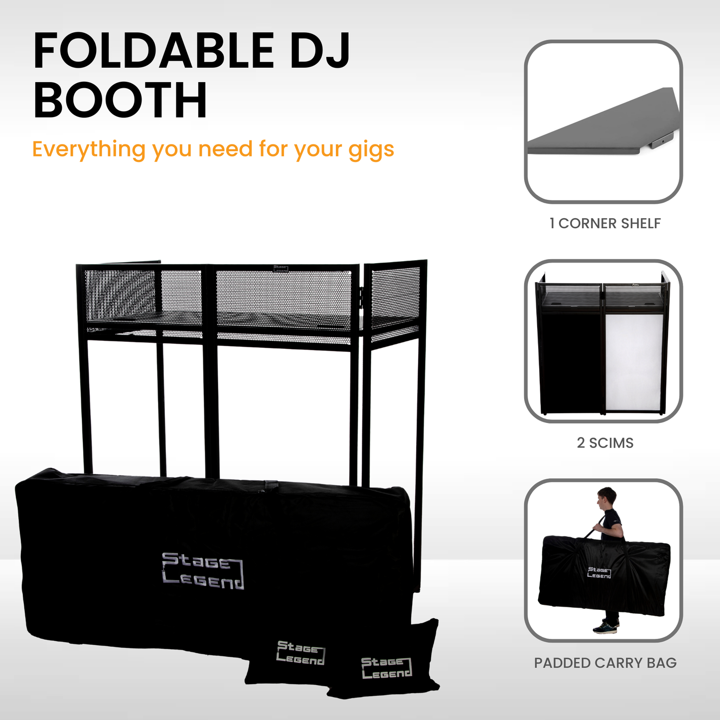 SL-8006 DJ Booth - Foldable & Portable - DJ Table Stand with Carry Bag, 2 Scims & 1 Corner Shelf