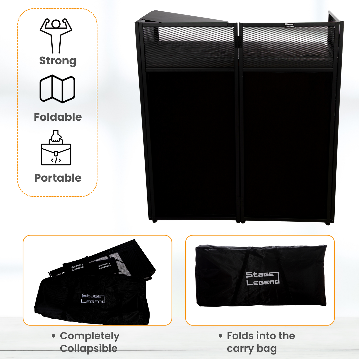 SL-8006 DJ Booth - Foldable & Portable - DJ Table Stand with Carry Bag, 2 Scims & 1 Corner Shelf