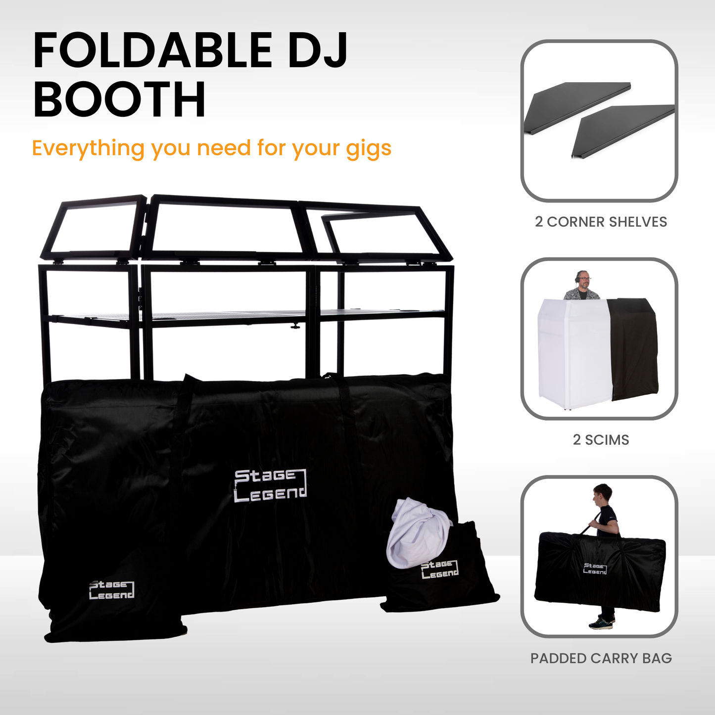 SL-8002 DJ Booth - Foldable & Portable -  DJ Table Stand with Carry Bag, 2 Scims & 2 Corner Shelves