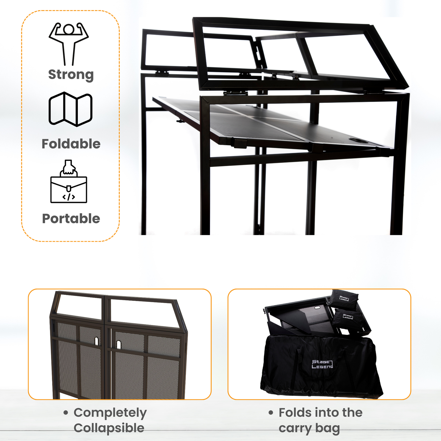 SL-8002 DJ Booth - Foldable & Portable -  DJ Table Stand with Carry Bag, 2 Scims & 2 Corner Shelves